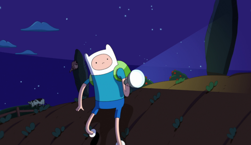 An adventure time character walking down a hill at night.