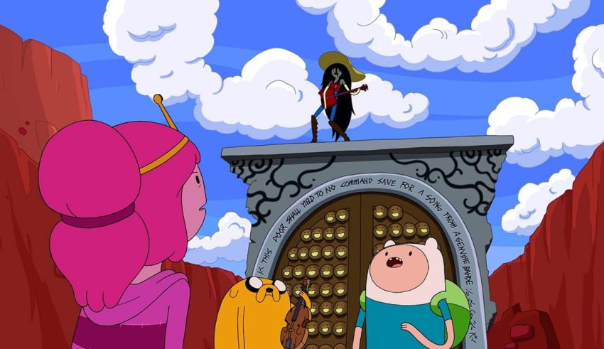 Adventure time finn and person standing in front of a castle.