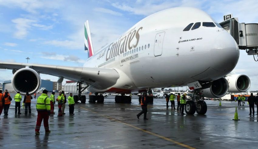 A large emirates airplane is parked on the tarmac.