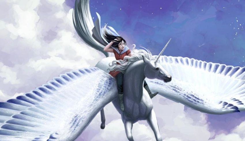 A girl riding a white unicorn in the sky.