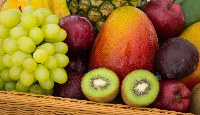 A wicker basket full of fruits.