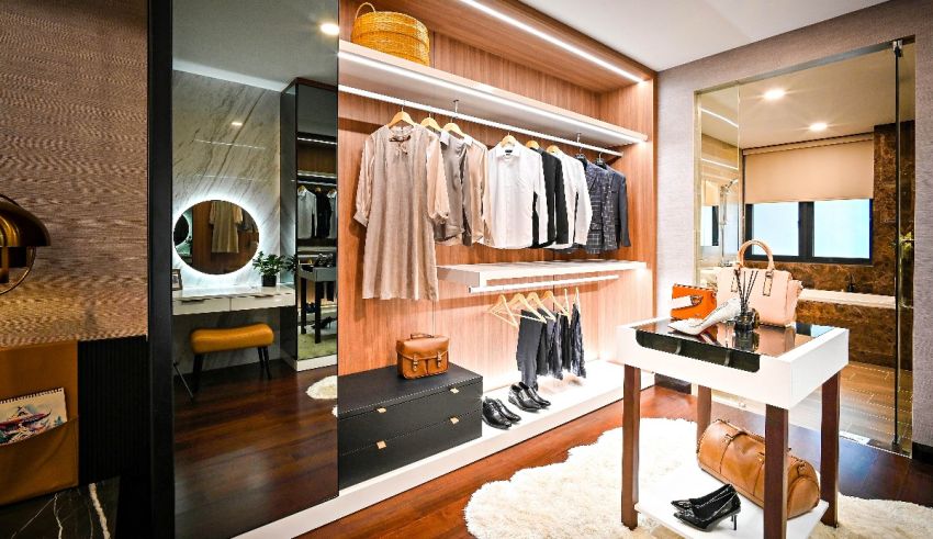 A walk in closet with a lot of clothes and accessories.