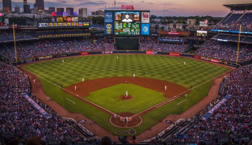 Atlanta braves stadium at dusk.