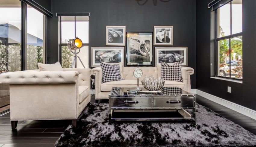 A living room with a couch and a coffee table.