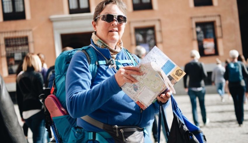 A woman with a backpack holding a map.