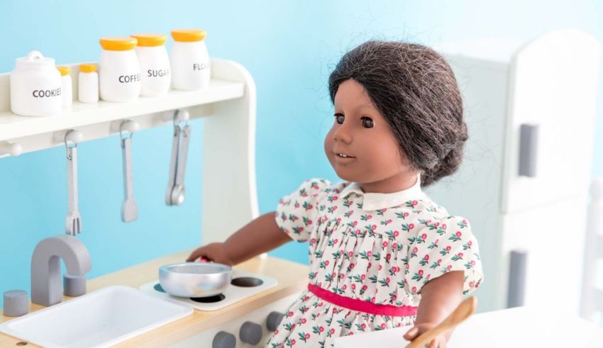 A doll is standing in a kitchen with utensils and utensils.