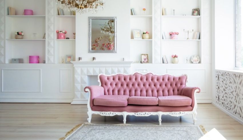 A pink couch in a room.