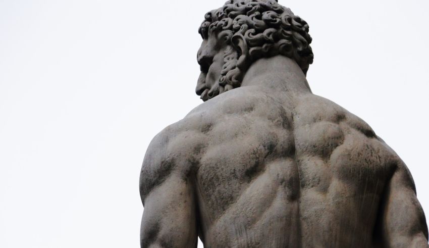 The back of a statue of a man.
