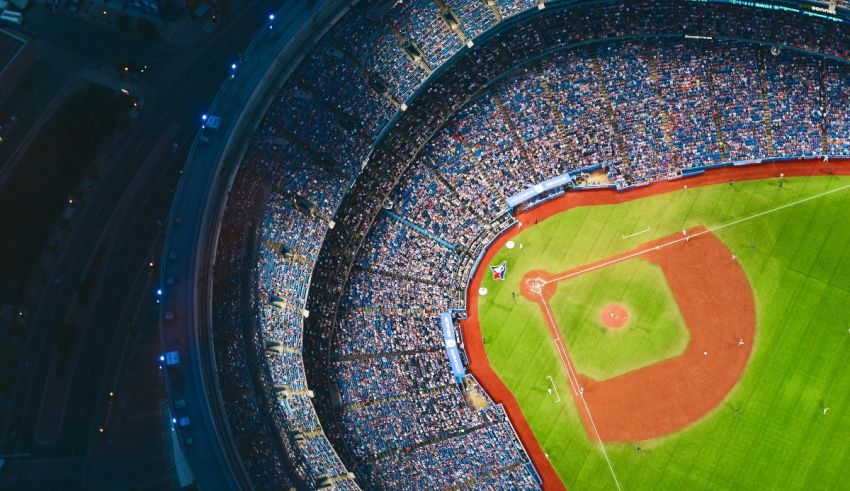 An aerial view of a baseball stadium.