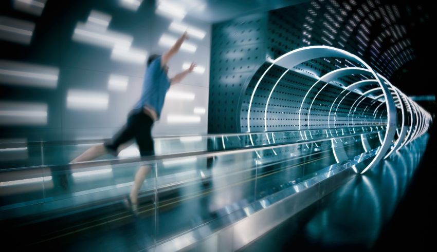 An image of a person running on an escalator.