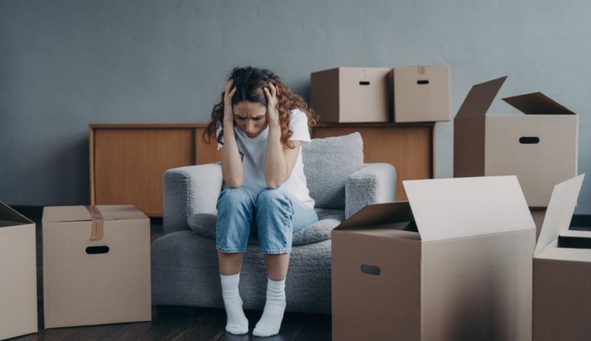 A woman sitting on a couch in front of moving boxes.