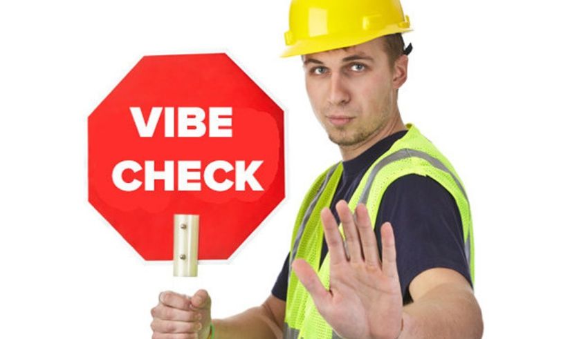 A man holding a stop sign with the word vibe check.