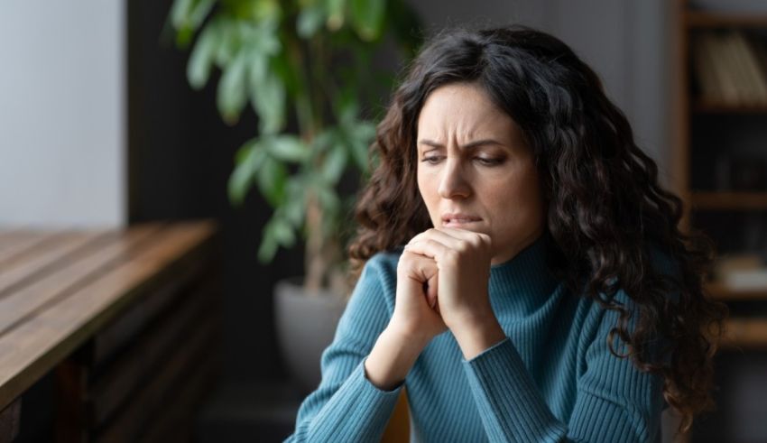 A woman is sitting at a table with her hands on her chin.