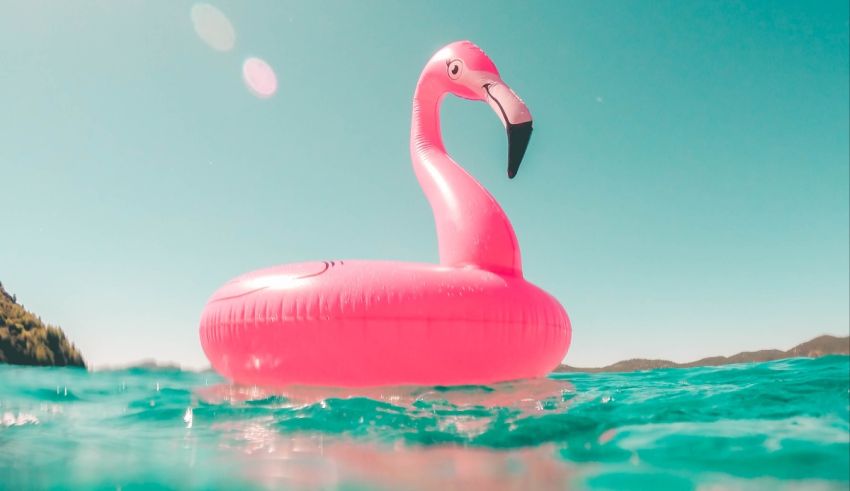 A pink flamingo floating in the ocean.