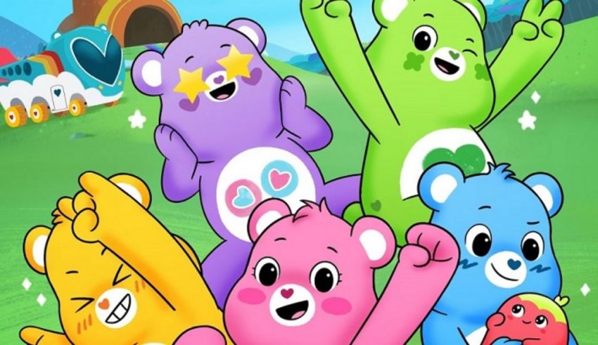 A group of care bears with their arms up in the air.