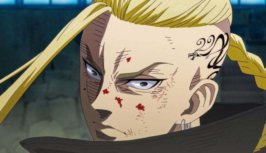 An anime character with blond hair and tattoos.