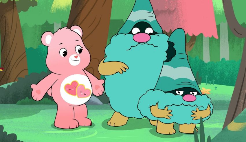 A group of cartoon bears standing in the woods.