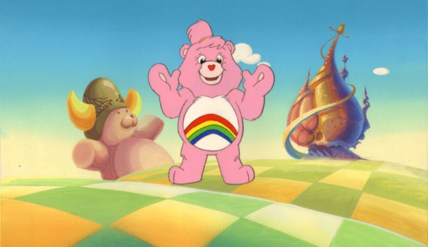 A pink teddy bear is standing in front of a checkered background.