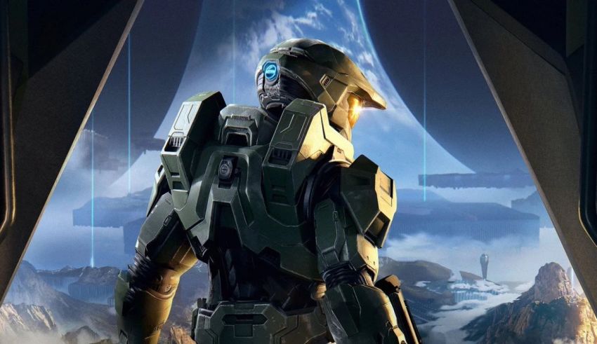 Halo master chief is standing in front of a window.