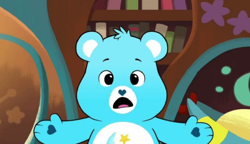 A blue bear is standing in front of a room.