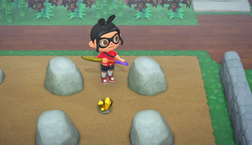 An animal crossing game with a person holding a rock.