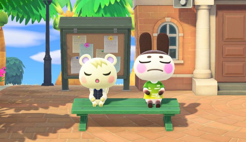 Two animal crossing characters sitting on a bench.