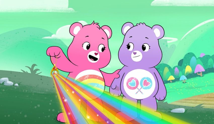 Two teddy bears standing next to a rainbow.