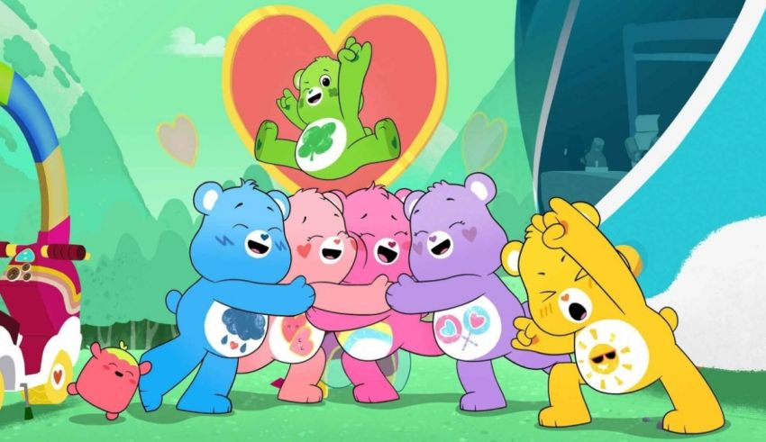 A group of cartoon bears are standing in front of a heart.