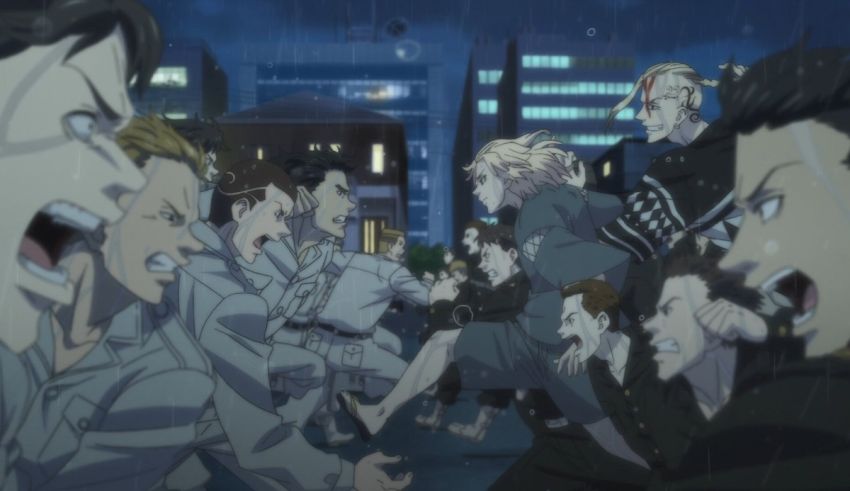 A group of anime characters are fighting in the rain.