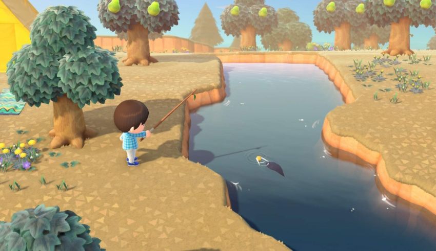 An animal crossing game with a boy fishing in a pond.