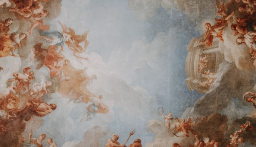 A painting of a ceiling with angels and angels.