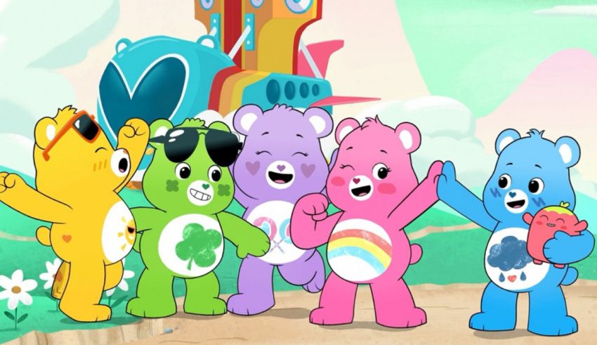 A group of care bears standing in front of a plane.