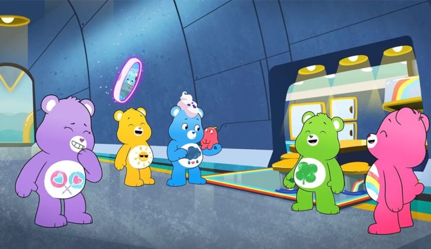 A group of care bears are standing in a hallway.