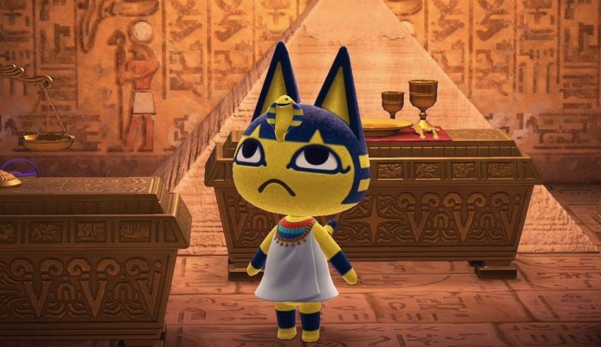 An egyptian character is standing in front of an egyptian room.