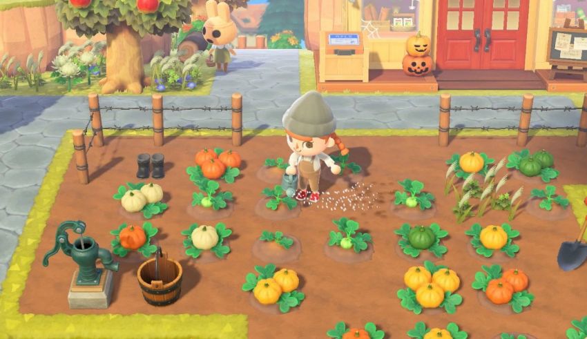 A screenshot of an animal crossing game with a pumpkin patch.