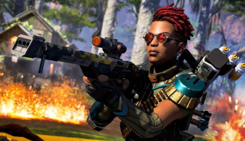 A woman with red hair is holding a gun in apex legends.