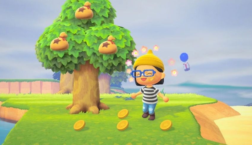 An animal crossing game with a girl standing next to a tree.