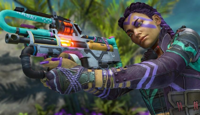 A female character is holding a gun in apex legends.