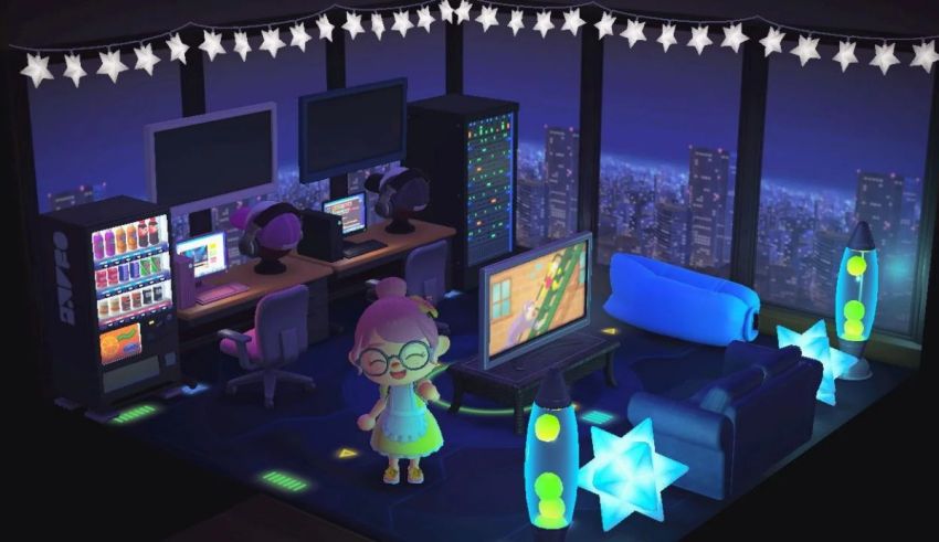 An animal crossing game room with lights and a computer.