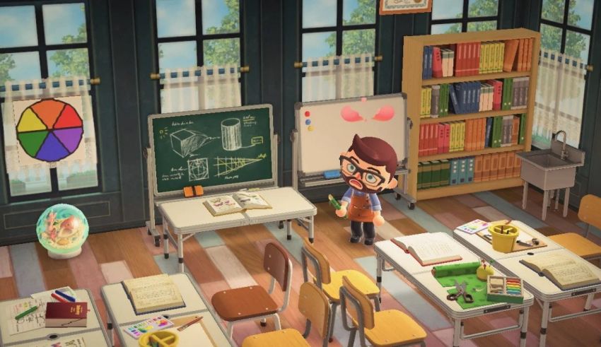 An animal crossing classroom with desks and books.