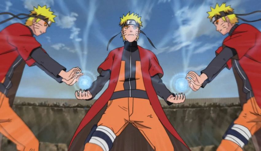 Three naruto characters with their hands in the air.