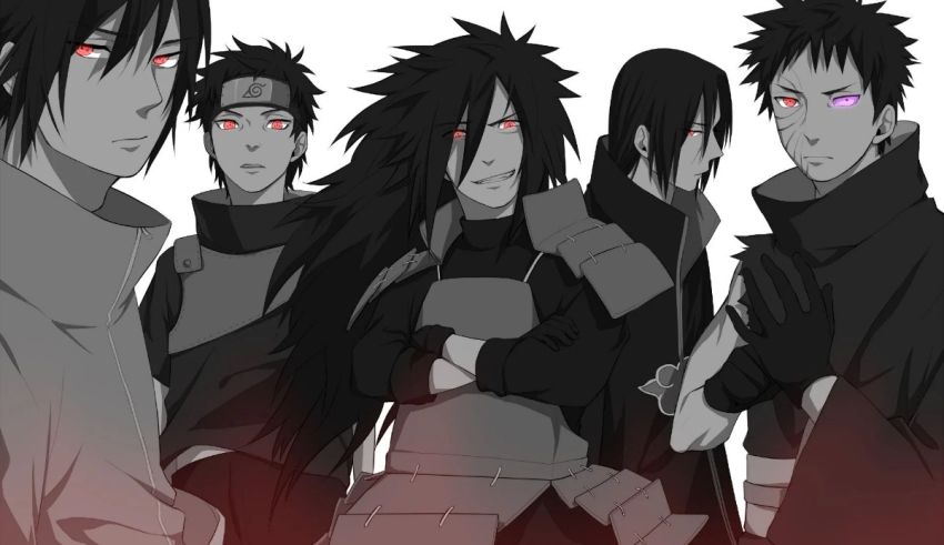 Four naruto characters with red eyes and black hair.