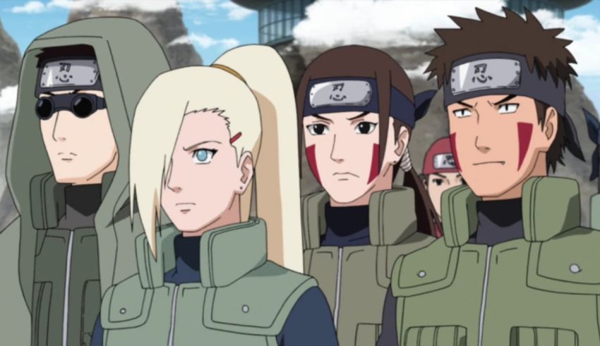 A group of naruto characters standing in front of a mountain.