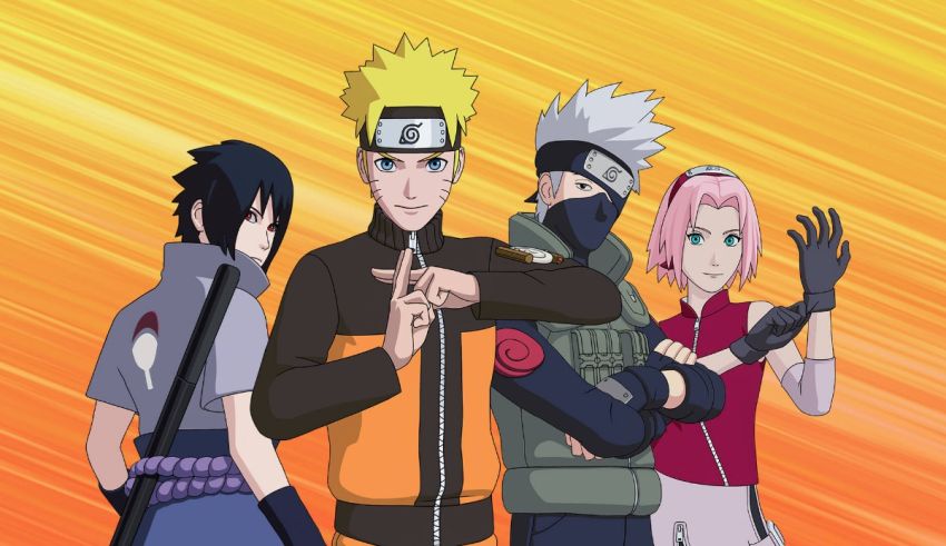 Four naruto characters standing in front of an orange background.