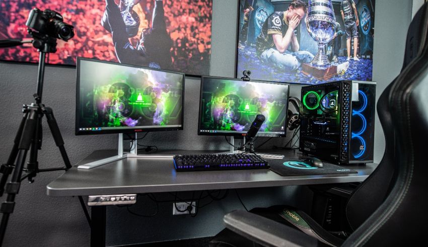 A gaming desk with two monitors and a camera.