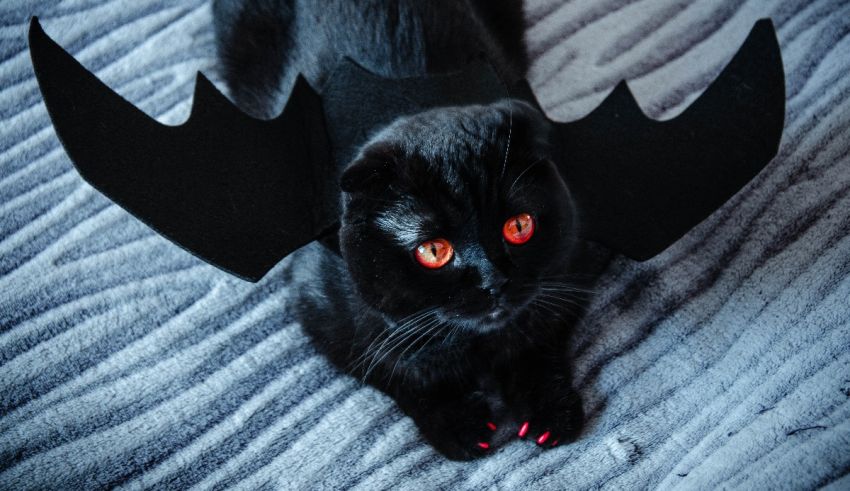 A black cat wearing a bat costume.