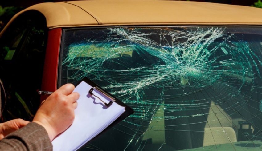 A woman holding a clipboard next to a shattered car window.