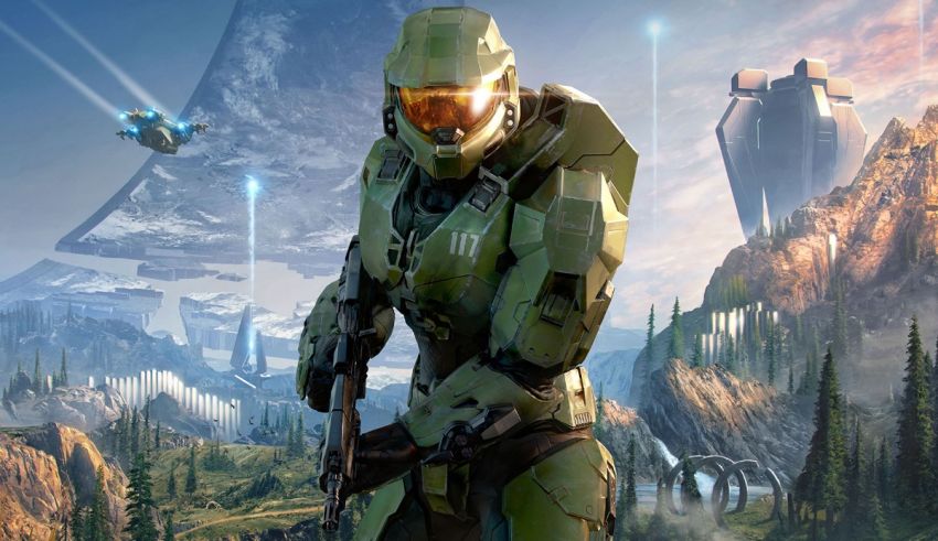 Halo is a green soldier standing in front of a mountain.