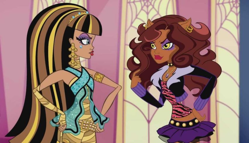 Two monster high girls standing next to each other.