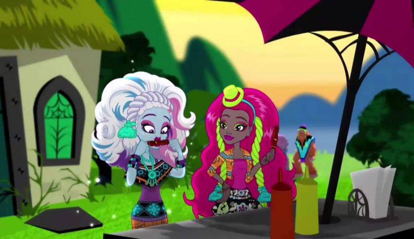 Two monster high girls are sitting at a table with umbrellas.